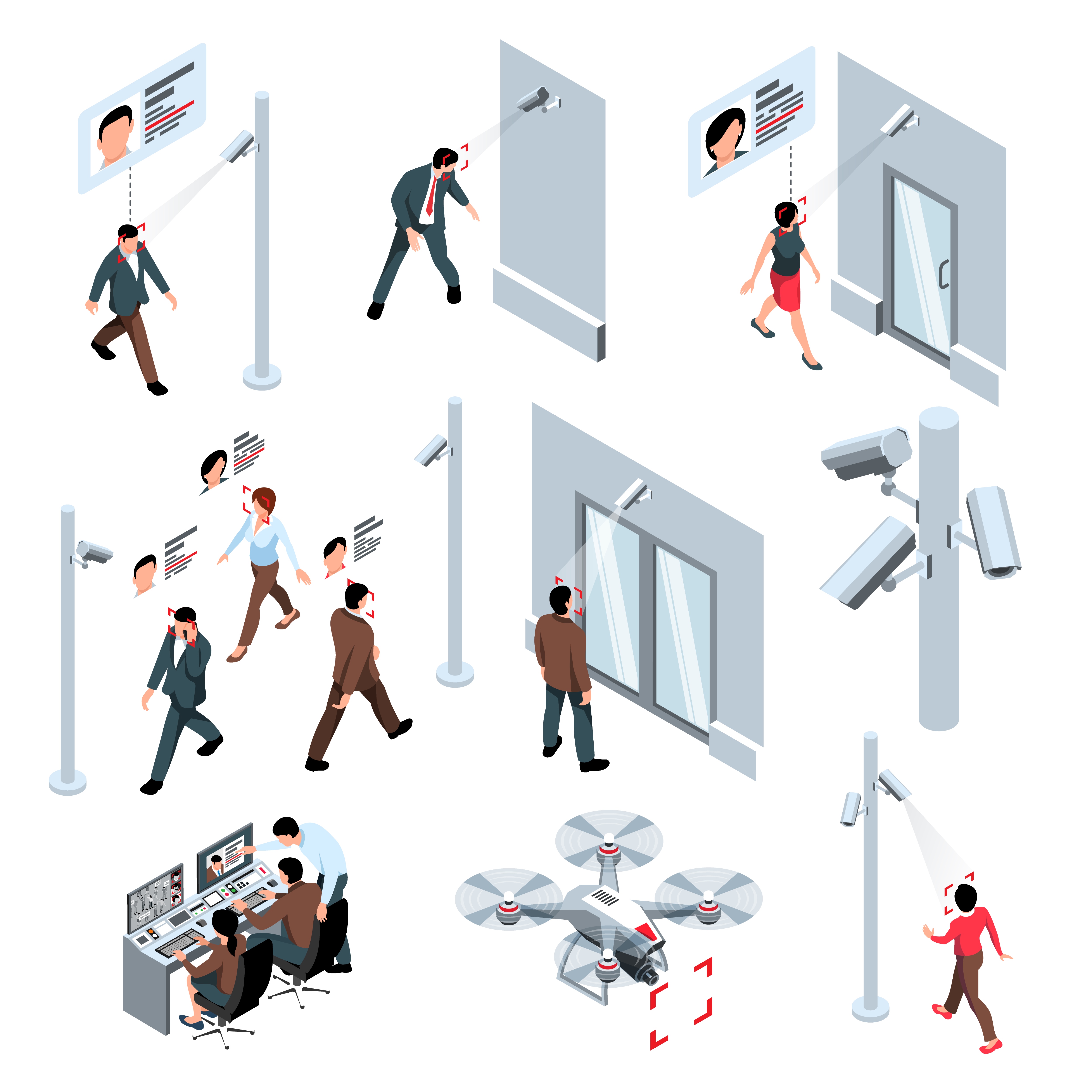 Isometric public security recognition cctv technology set of isolated icons with flying drone cameras and people vector illustration